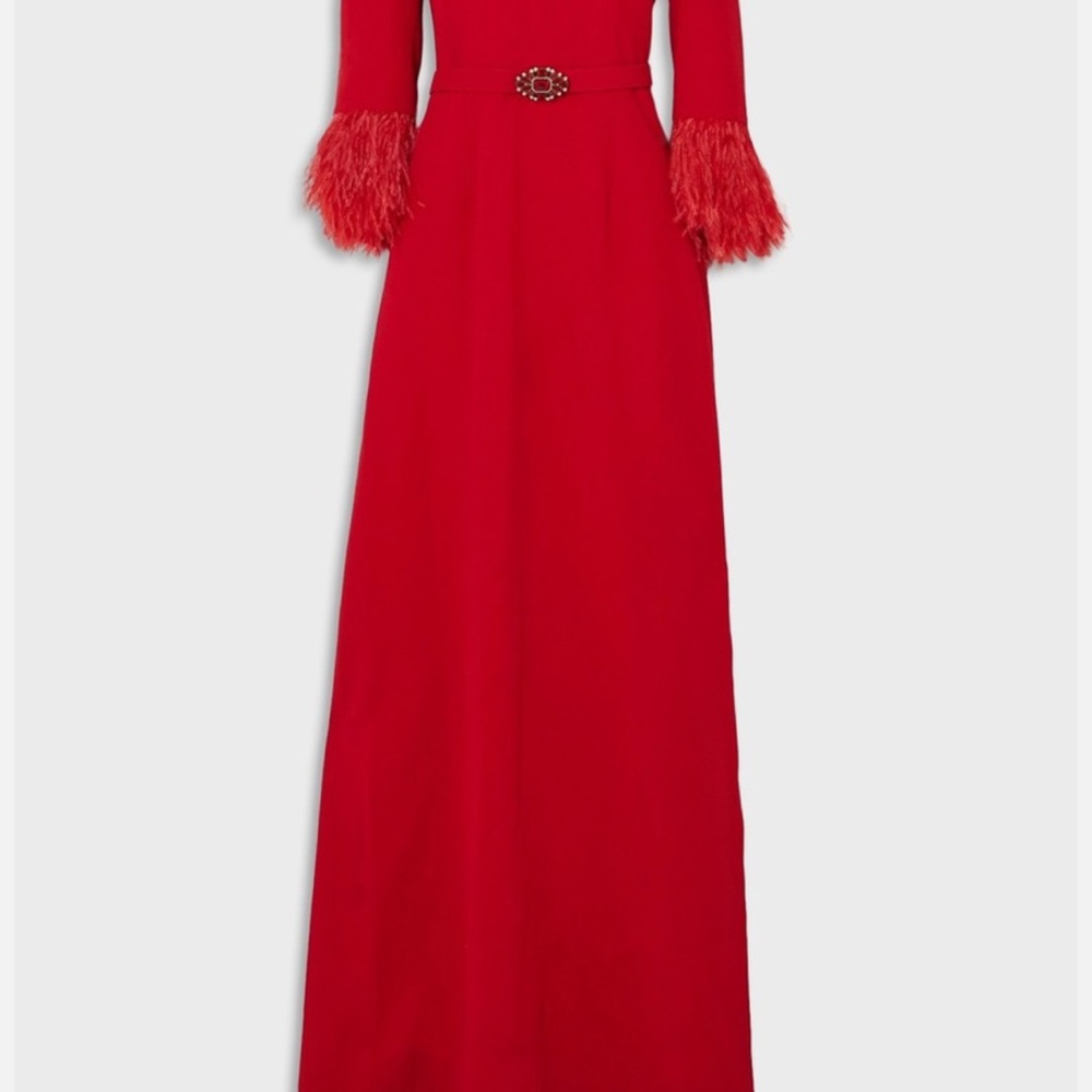 ANDREW GN Gown US 10 Ostrich Feathers Trim Rhinestones Buckle